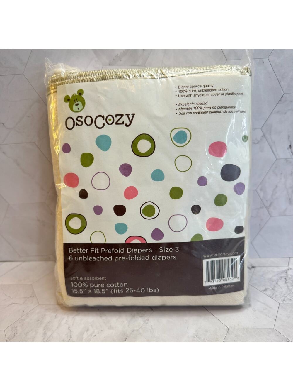 NIP OsoCozy Diapers Better Fit Prefold Unbleached Pure Cotton Size 3 Set of 6